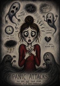 Illustration of a woman experiencing a panic attack surrounded by fearful thoughts and anxiety monsters, representing panic disorder and overwhelming anxiety.